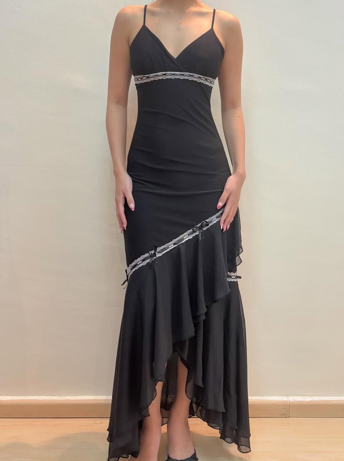 Black Ruffle Vintage Prom Dress Ruffle Evening Party Dress With White Lace