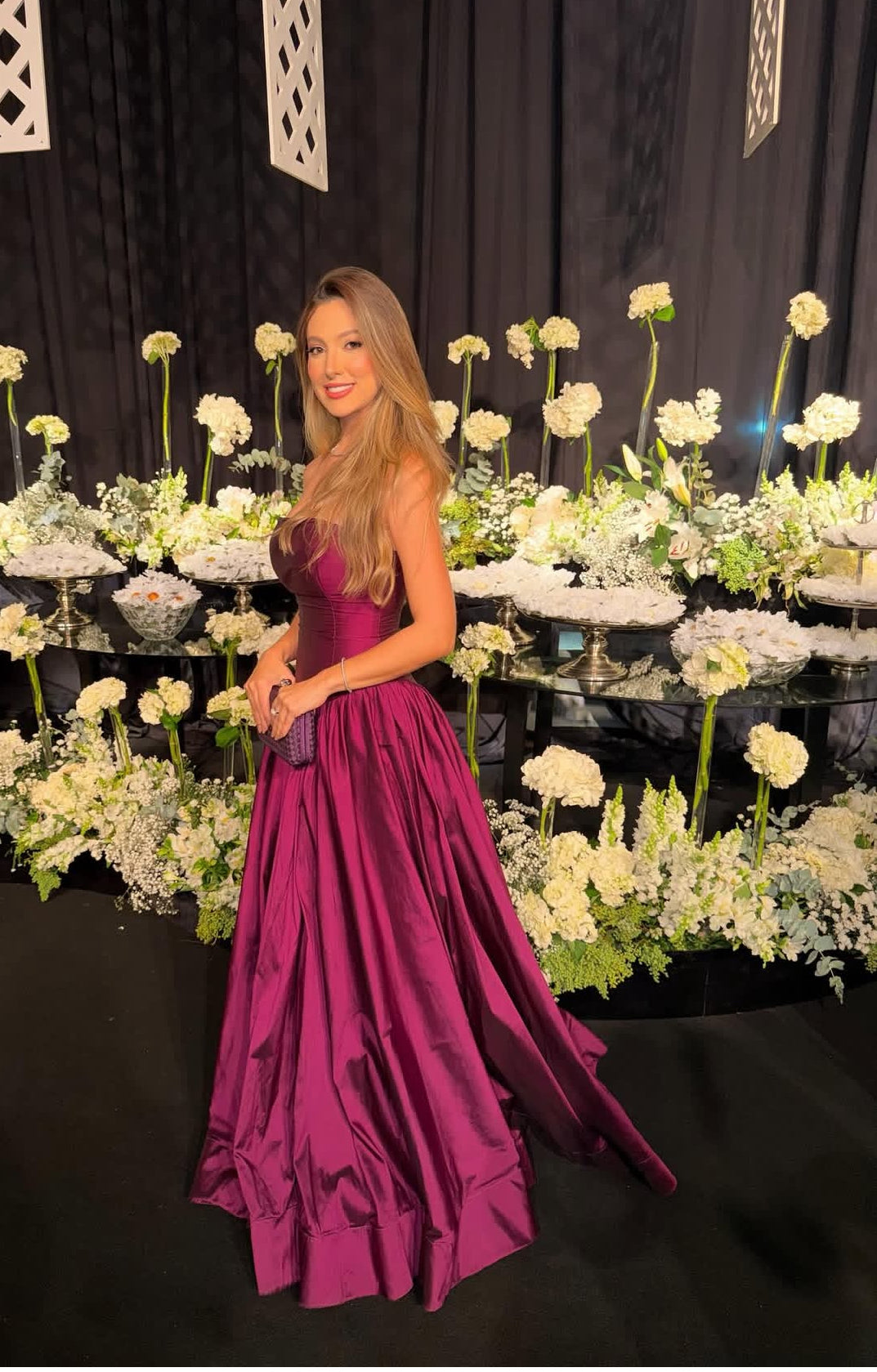 Strapless Fuchsia Satin Long Prom Dress Formal Wedding Guest Dress