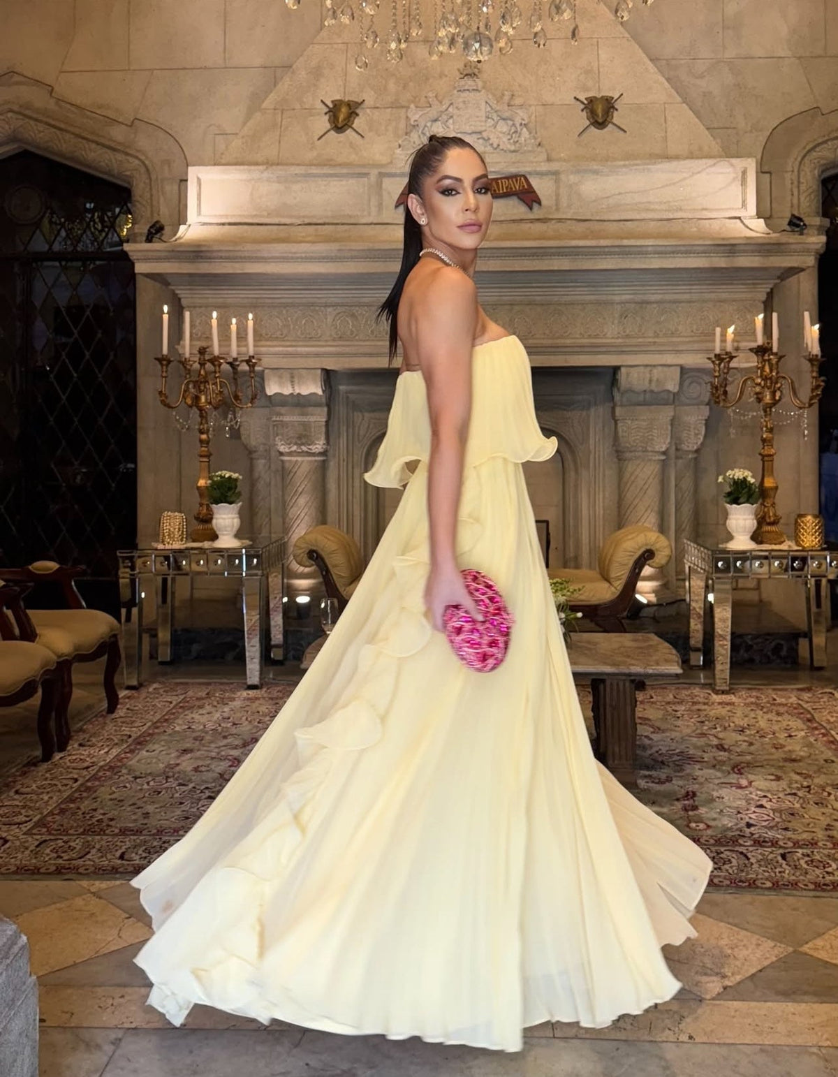 Strapless Yellow A-Line Chiffon Prom Dress Pleated Wedding Guest Dress