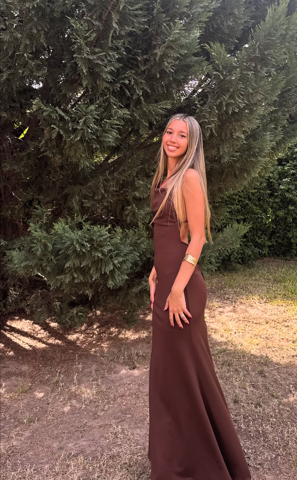 Brown Simple Prom Dress Backless Wedding Guest Dress J9200