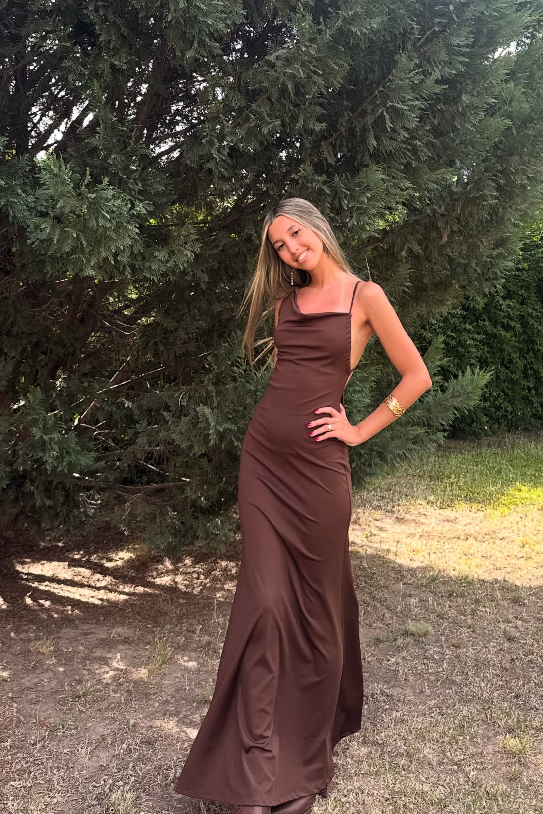 Brown Simple Prom Dress Backless Wedding Guest Dress J9200
