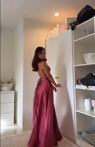 V Neck A Line Satin Long Prom Dress Slit Backless Formal Party Gown J9213
