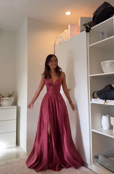 V Neck A Line Satin Long Prom Dress Slit Backless Formal Party Gown J9213
