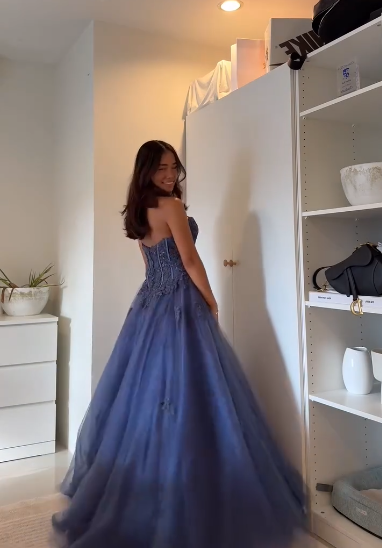 Strapless A Line Tulle Long Prom Dress Formal Party Gown J9214
