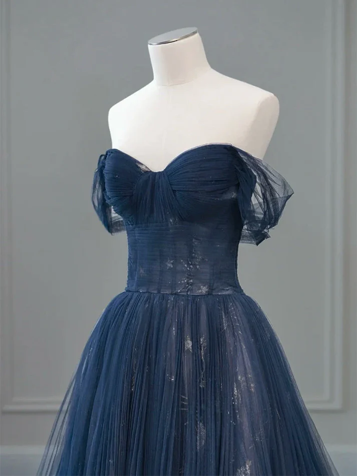 Off Shoulder Tulle Navy Blue Long Prom Dress Elegant Evening Dress J9216