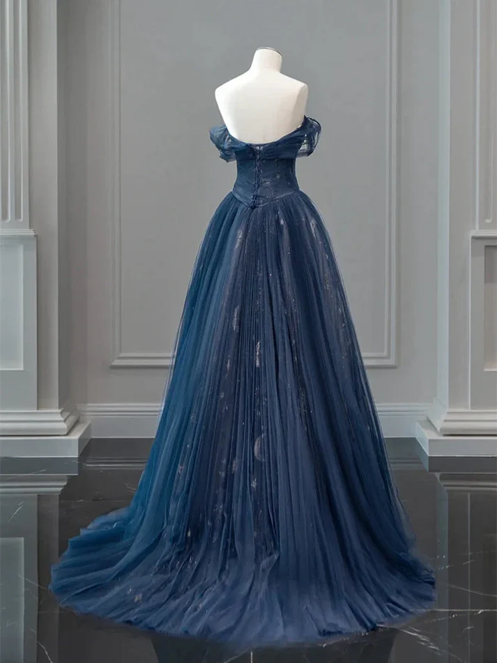 Off Shoulder Tulle Navy Blue Long Prom Dress Elegant Evening Dress J9216