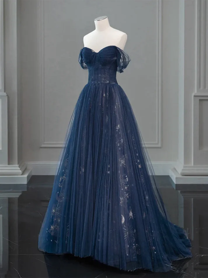 Off Shoulder Tulle Navy Blue Long Prom Dress Elegant Evening Dress J9216