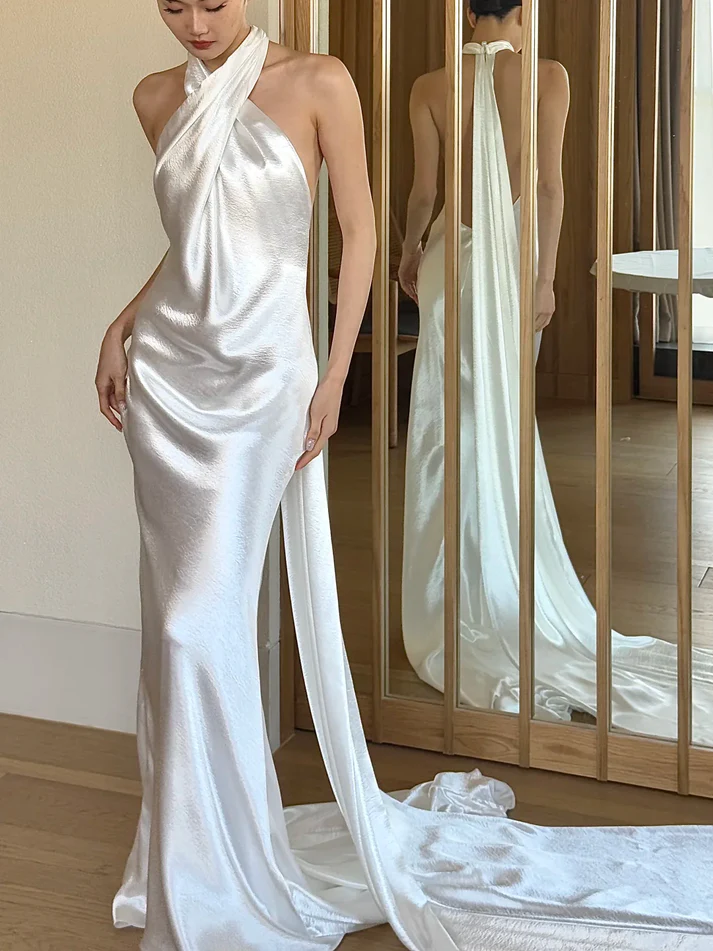 White Backless Long Wedding Dress Mermaid Halter Bridal Dress J9217