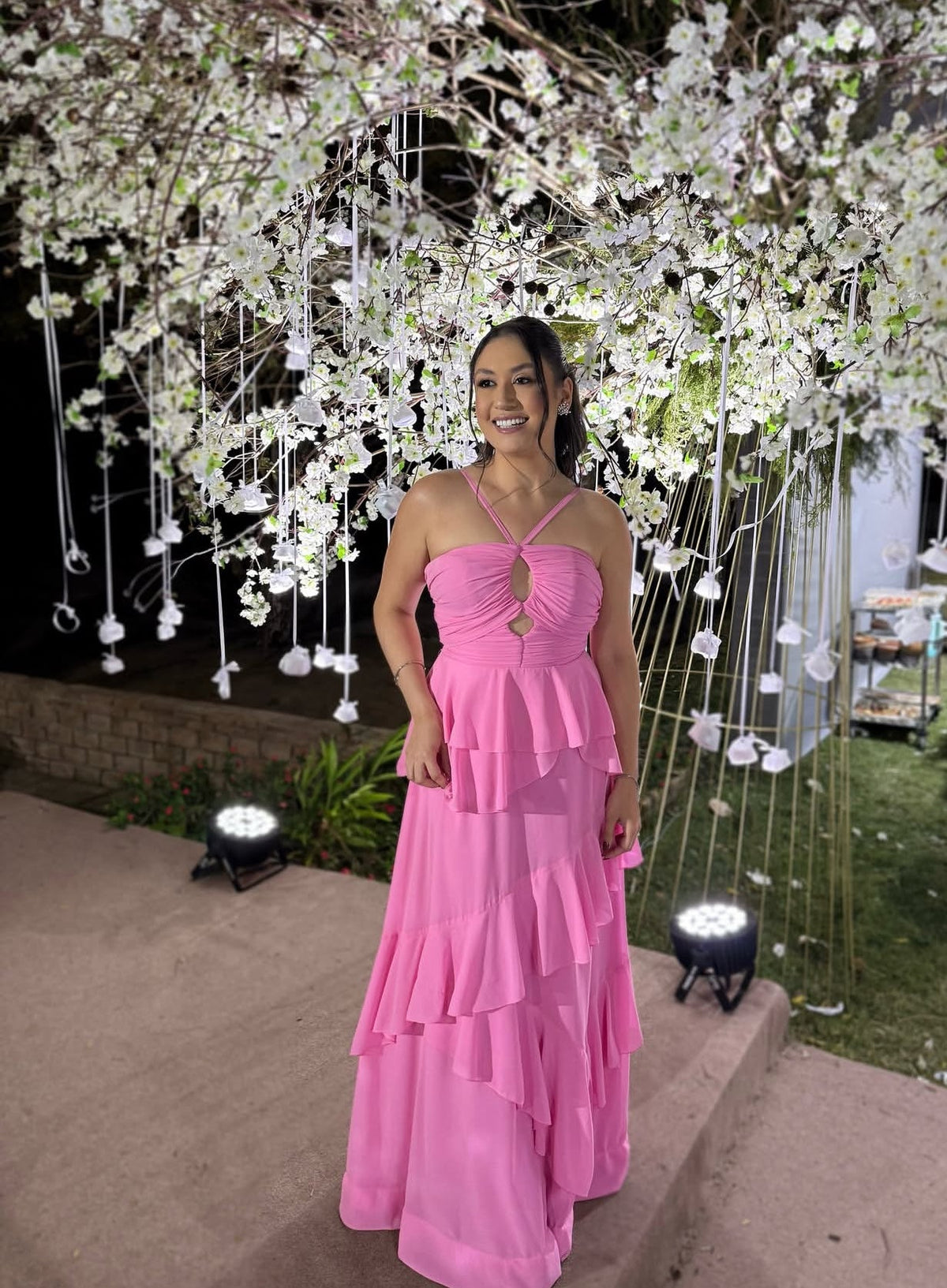 A-Line Pink Prom Dress Ruffle Formal Wedding Guest Dress