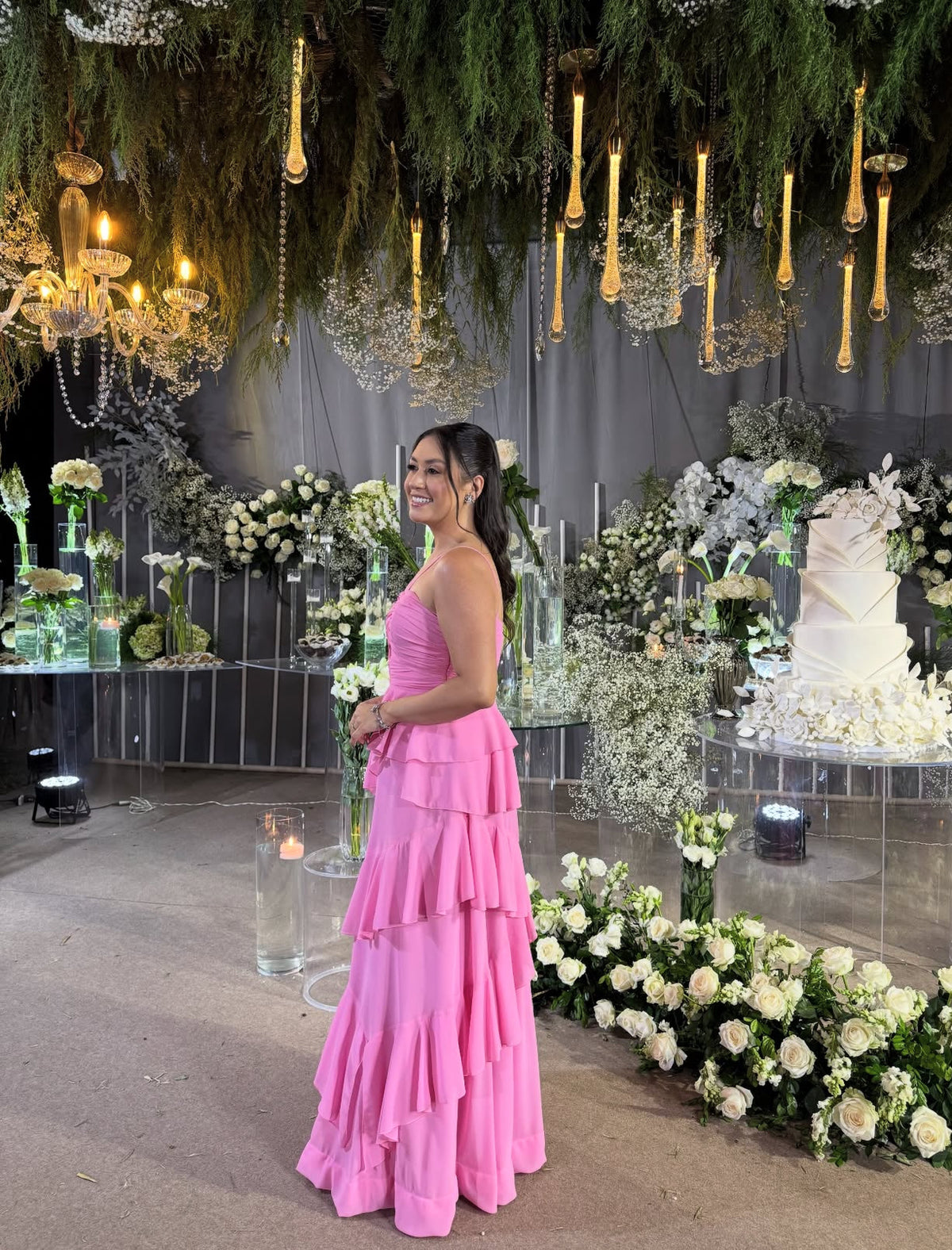 A-Line Pink Prom Dress Ruffle Formal Wedding Guest Dress