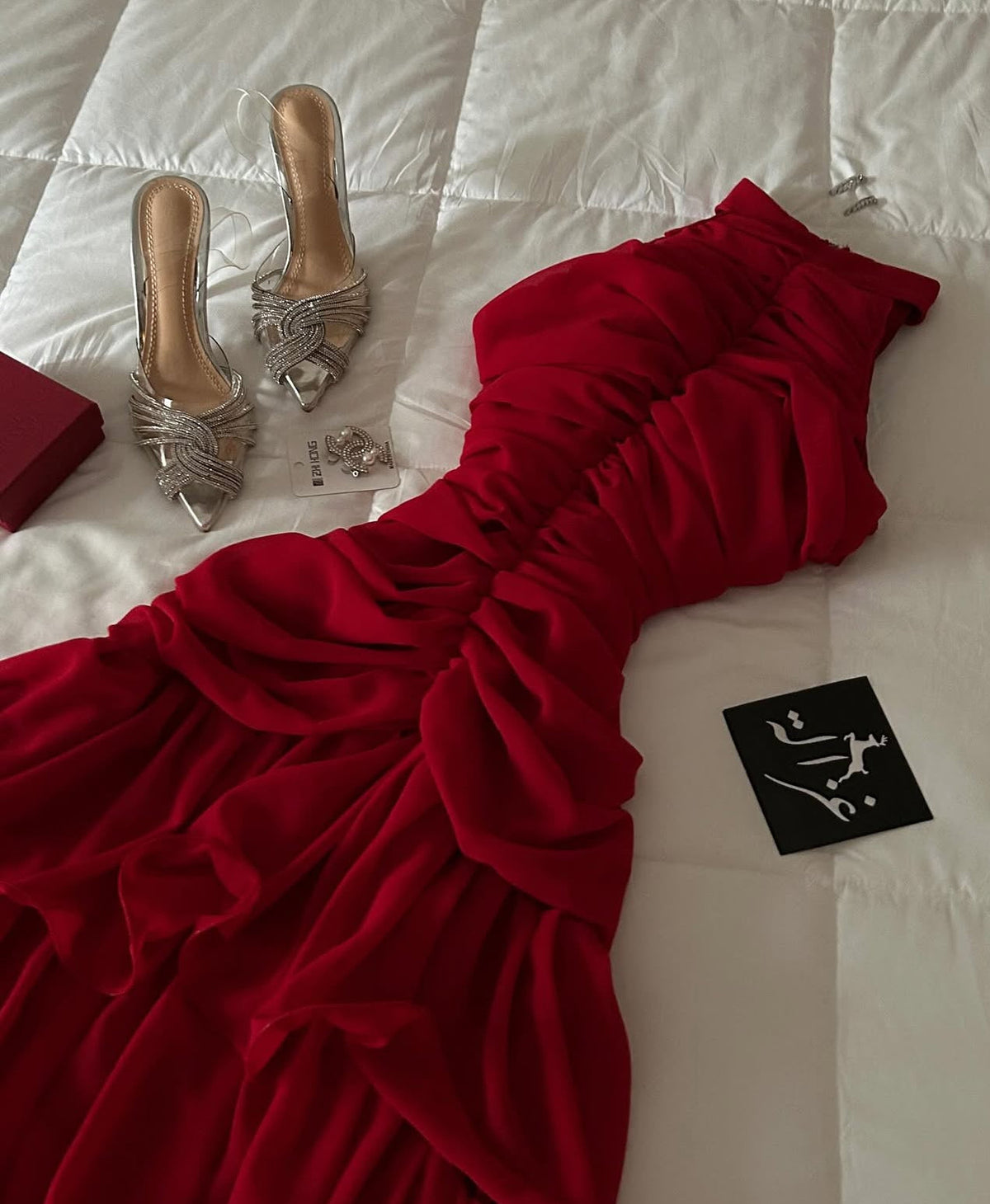 A Line Red Layered Prom Dress Formal Wedding Guest Dress J9231