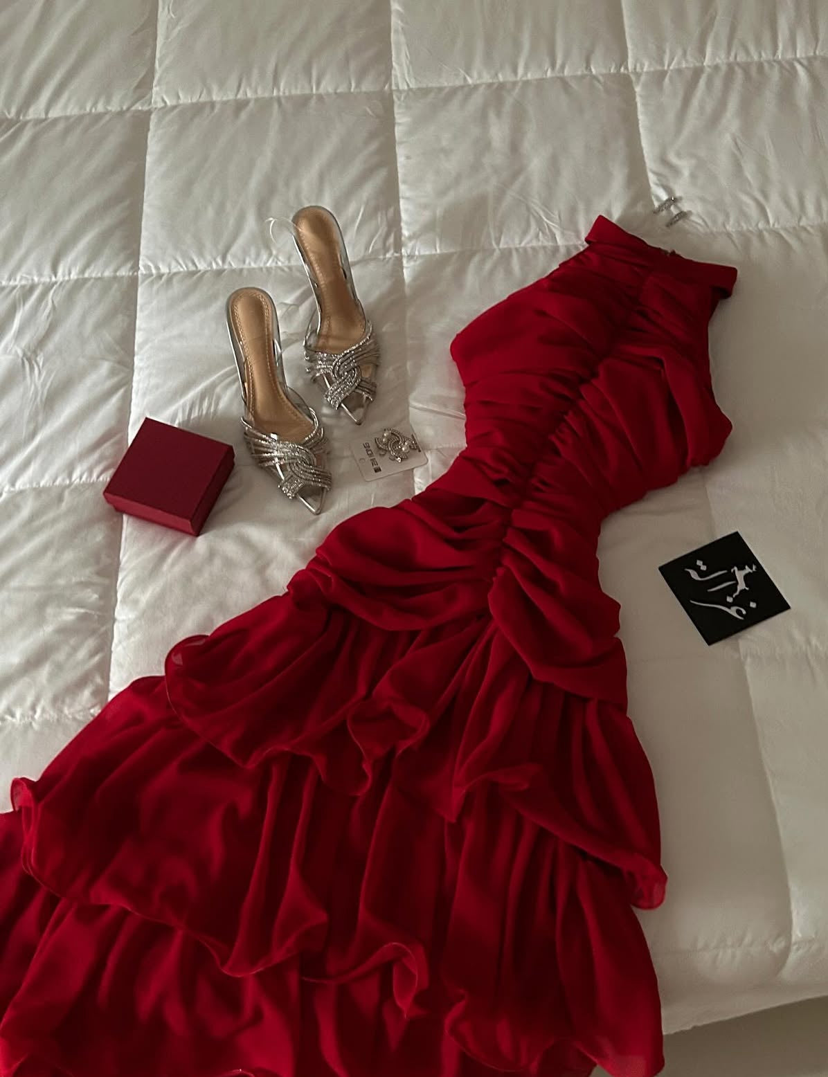 A Line Red Layered Prom Dress Formal Wedding Guest Dress J9231