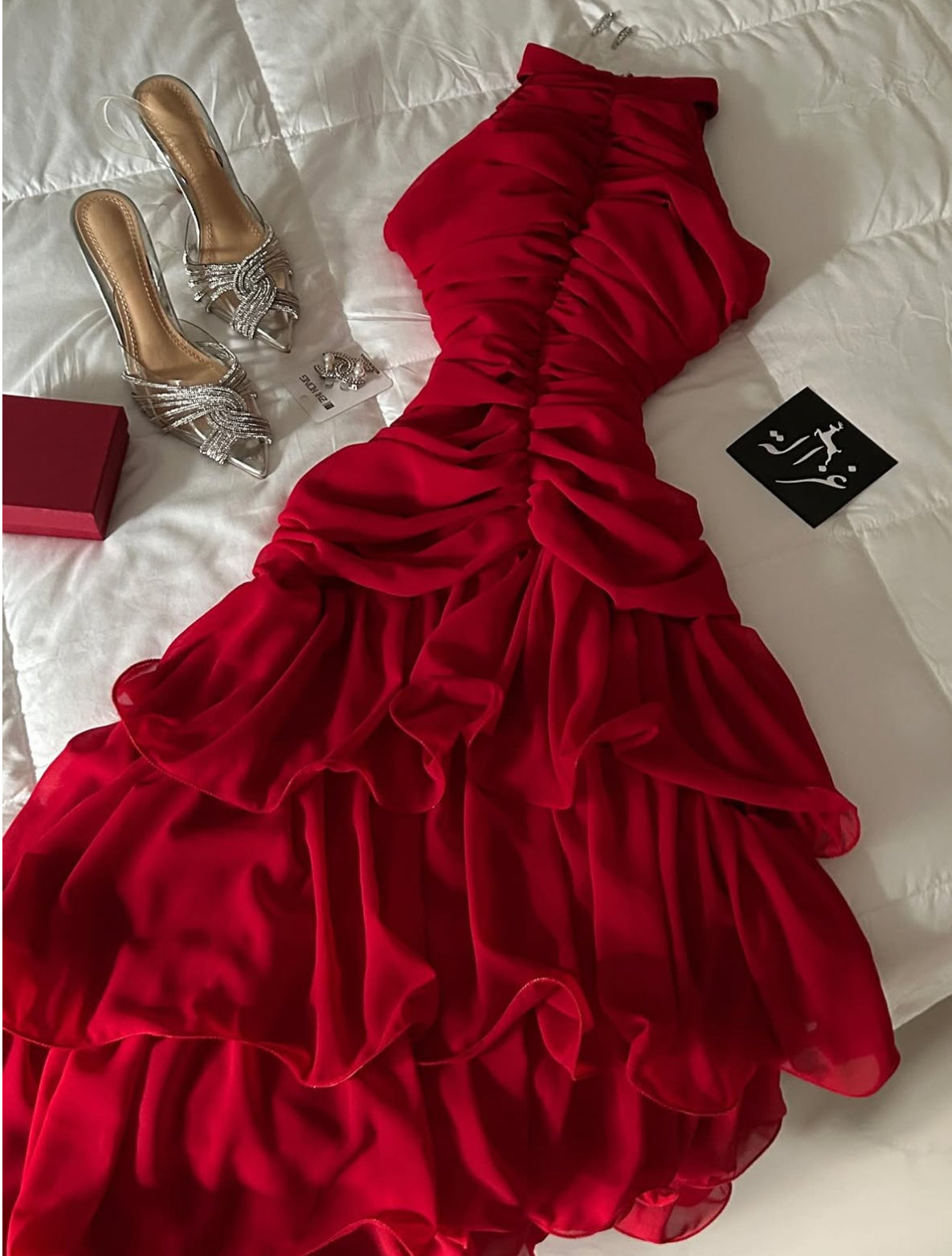 A Line Red Layered Prom Dress Formal Wedding Guest Dress J9231