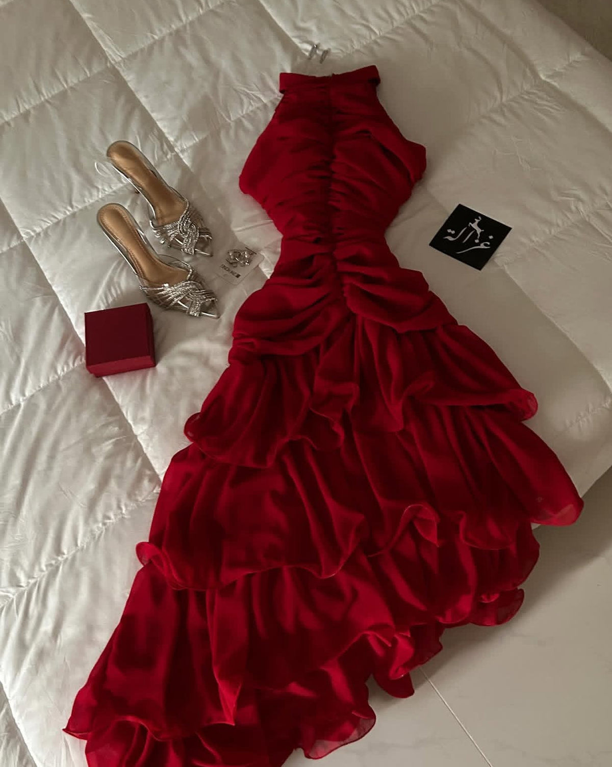 A Line Red Layered Prom Dress Formal Wedding Guest Dress J9231