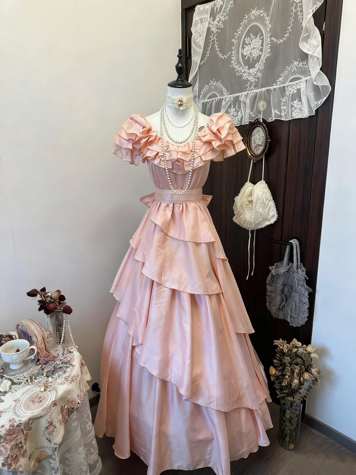 Vintage Pink Evening Dress A-Line Ruffled Tiered Long Prom Dress