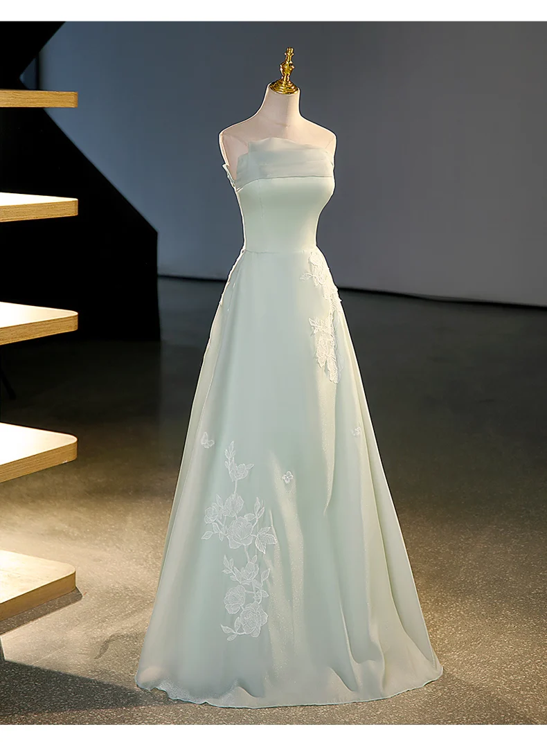 Strapless Sage Green A-Line Prom Dress Tulle Evening Gown J9252