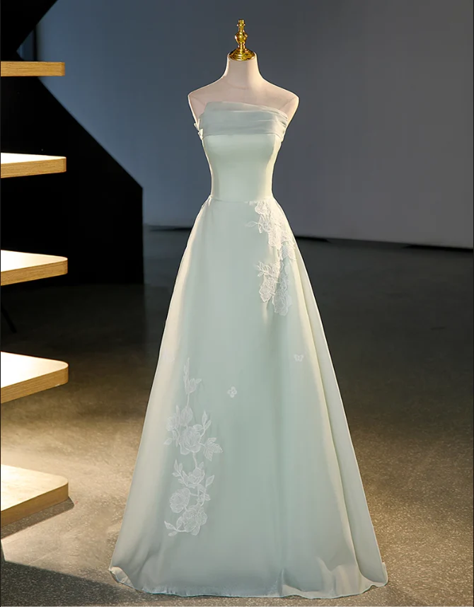 Strapless Sage Green A-Line Prom Dress Tulle Evening Gown J9252