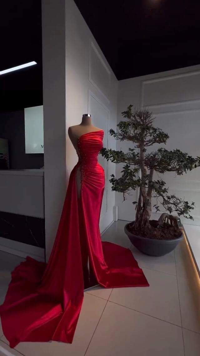Beaded High Slit Evening Dress One-Shoulder Party Dress Satin Formal Dress