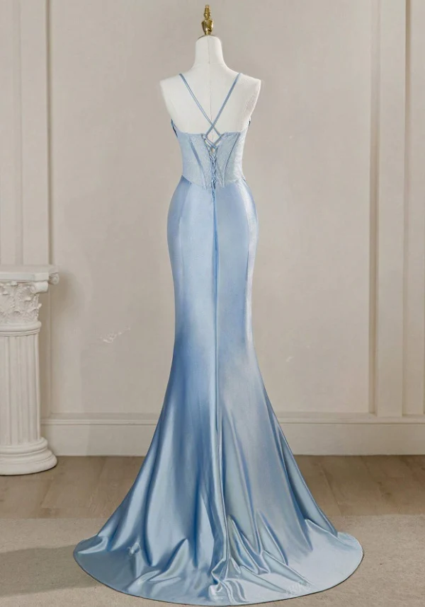 Sky Blue Satin Evening Gown Spaghetti Strap Slit Ruffled Long Prom Dress