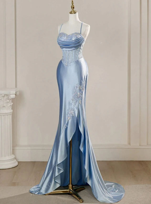 Sky Blue Satin Evening Gown Spaghetti Strap Slit Ruffled Long Prom Dress