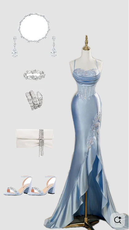 Sky Blue Satin Evening Gown Spaghetti Strap Slit Ruffled Long Prom Dress