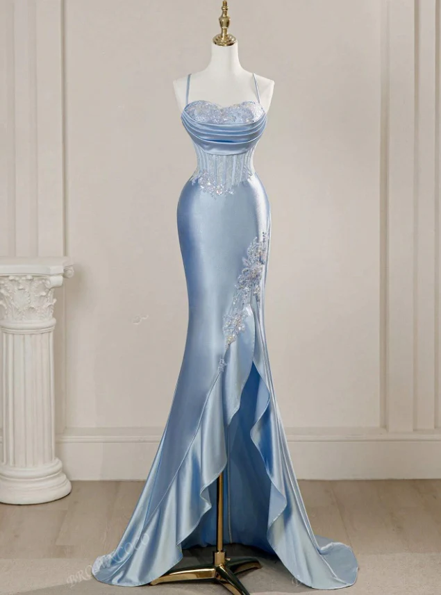 Sky Blue Satin Evening Gown Spaghetti Strap Slit Ruffled Long Prom Dress
