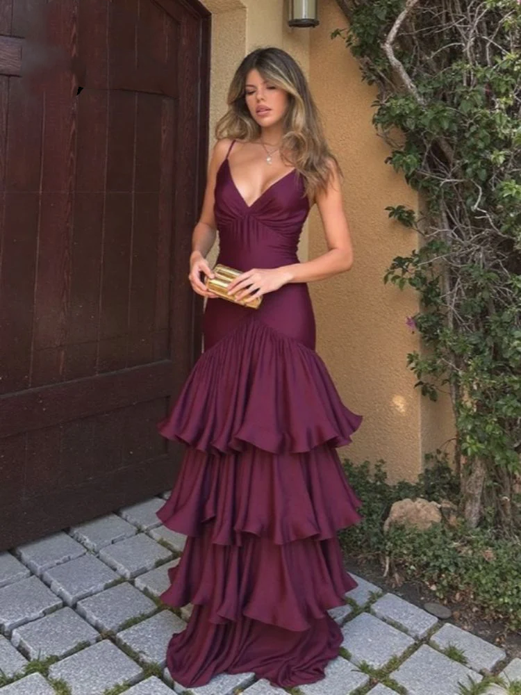 Burgundy Satin Tiered Long Formal Dress Mermaid Evening Dress