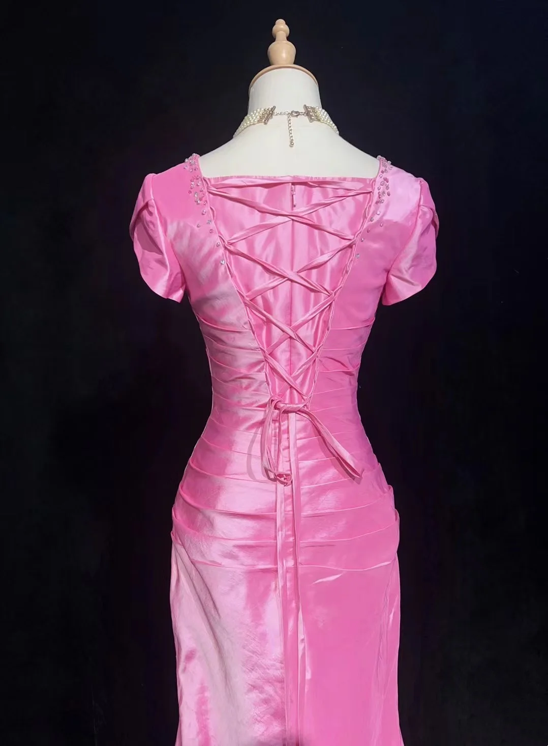 Pink Mermaid Layered Prom Dress Satin Vintage Formal Party Dress
