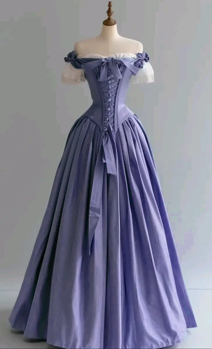 Blue Satin A-Line Long Prom Dresses Formal Off-The-Shoulder Evening Gowns J9279