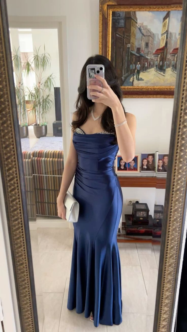 Navy Blue Mermaid Satin Long Prom Dress Beaded Evening Dress
