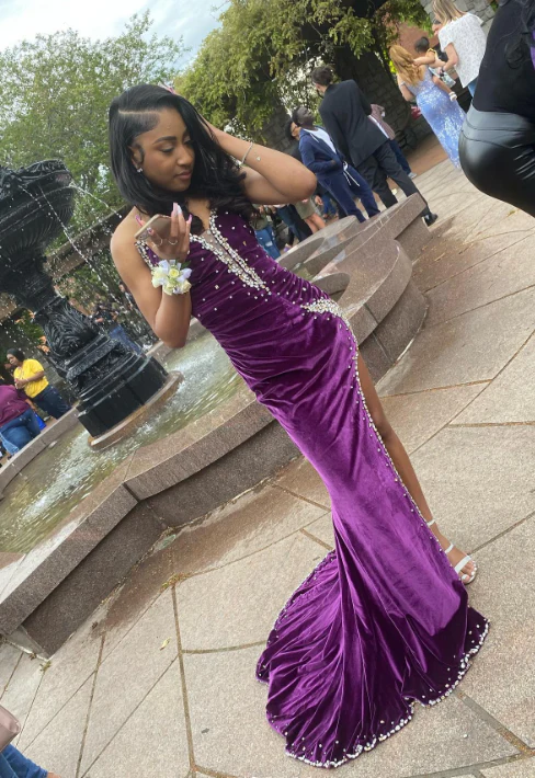 Sweetheart Velvet Mermaid Long Prom Dresses Purple Evening Dresses With Slit
