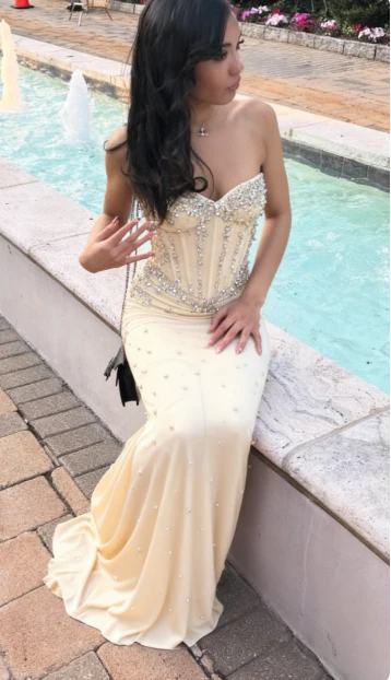 Sexy Beige Long Prom Dresses Beaded Formal Evening Dresses Birthday Dress