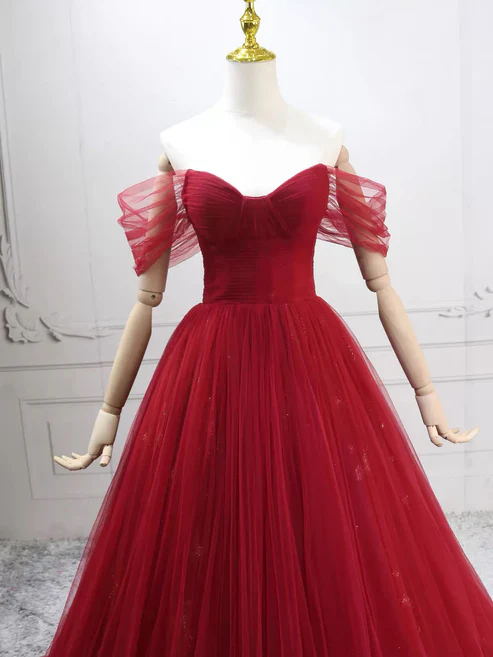 Elegant Off-Shoulder A-Line Tulle Long Prom Dresses Burgundy Formal Evening Dresses