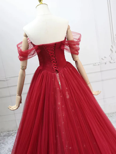 Elegant Off-Shoulder A-Line Tulle Long Prom Dresses Burgundy Formal Evening Dresses