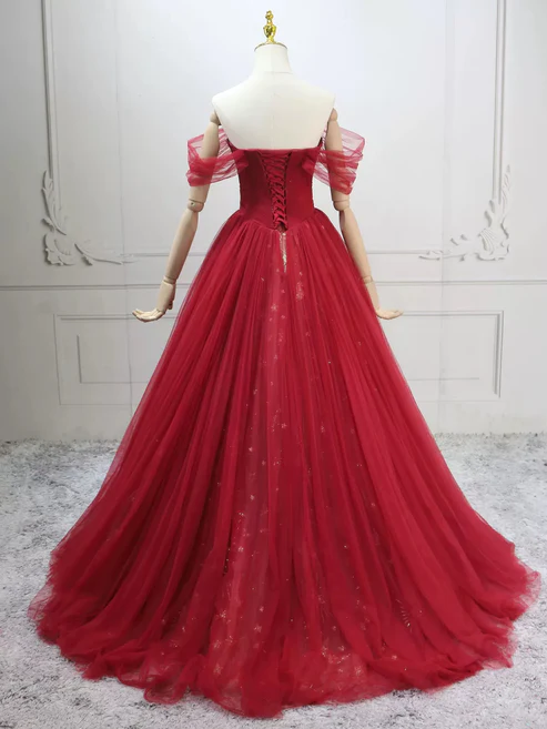 Elegant Off-Shoulder A-Line Tulle Long Prom Dresses Burgundy Formal Evening Dresses