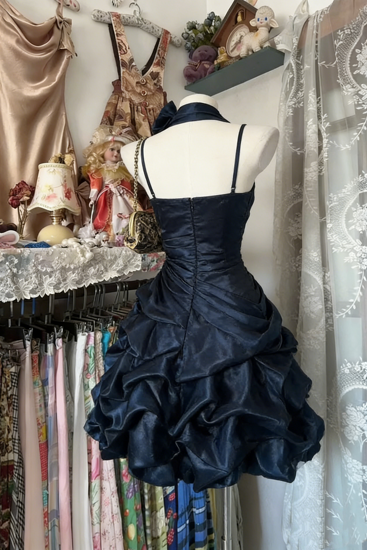 A Line Satin Short Birthday Dress Short Prom Dress Ruched Halter Neck Mini Dress J9306