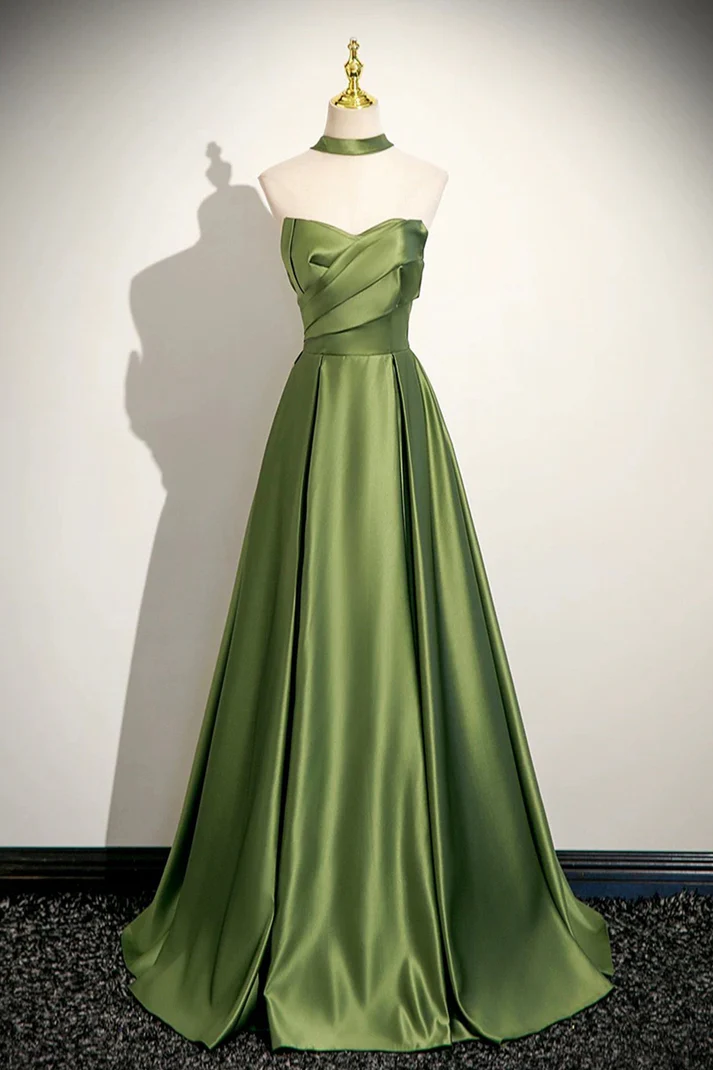 Green Satin Long A-Line Prom Dress Lovely Strapless Evening Dress