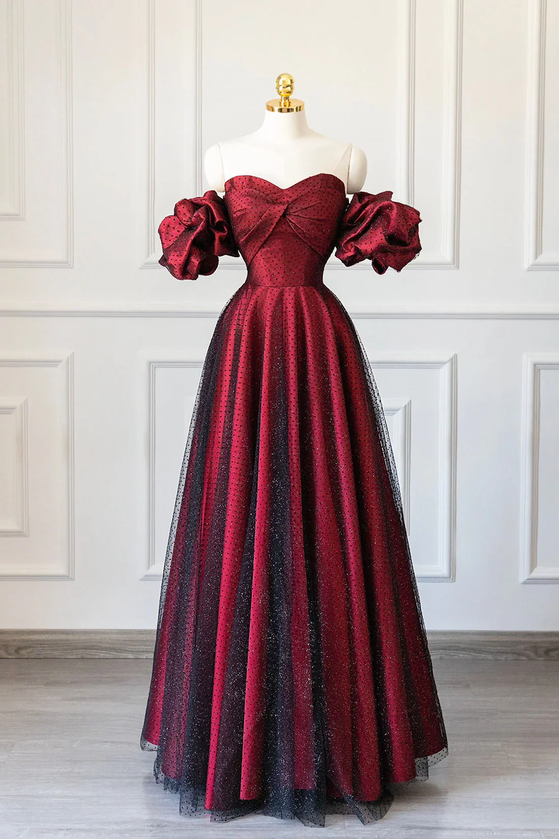 A-Line Off-the-Shoulder Burgundy Tulle Long Evening & Prom Dress