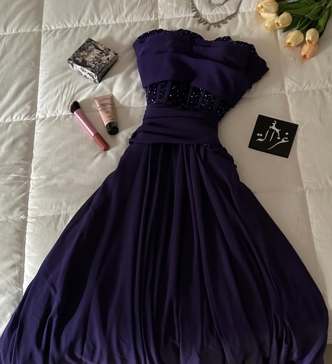 Strapless A Line Purple Prom Dress Chiffon Sequin Formal Dress J9321