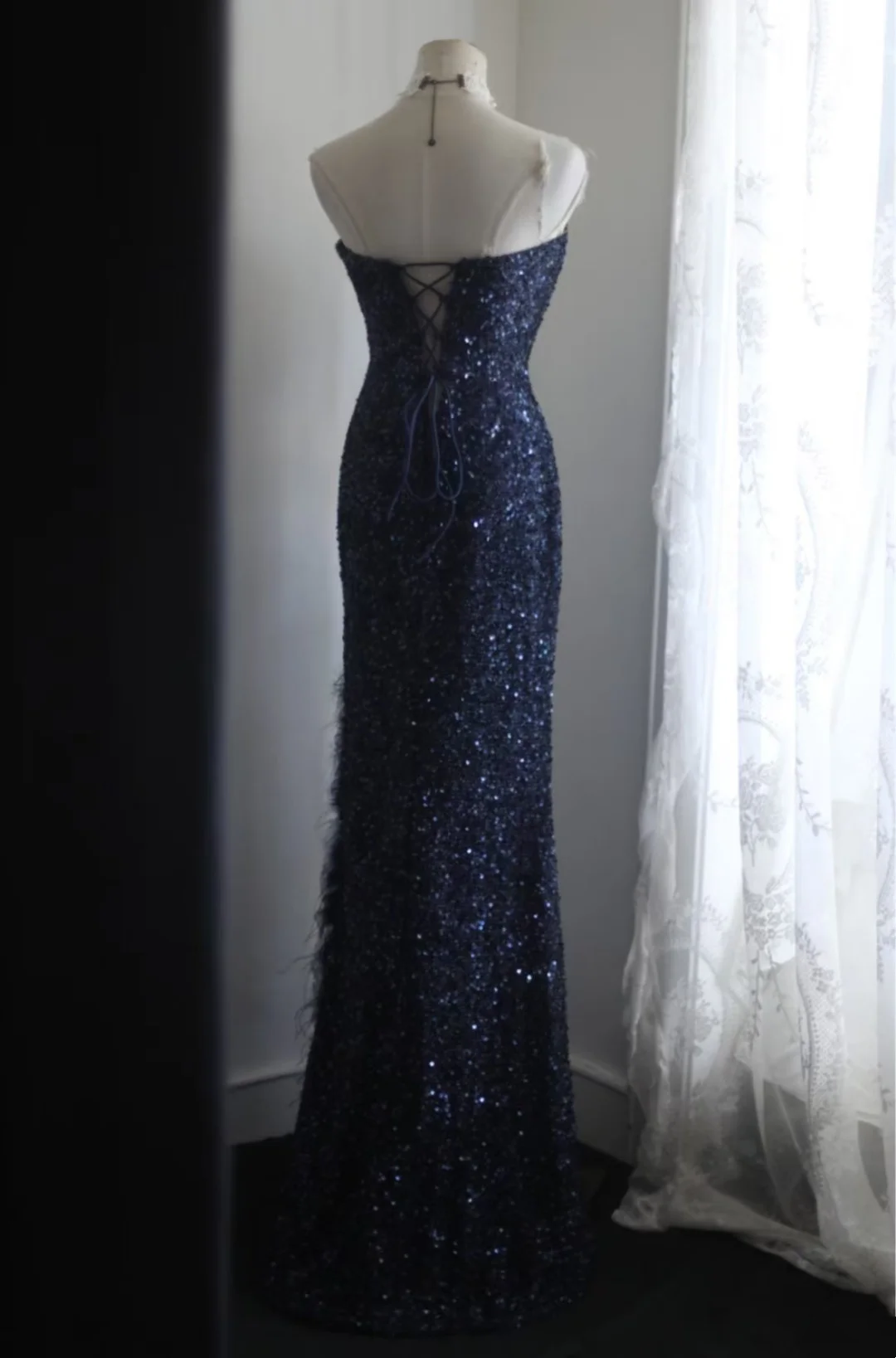 Sweetheart Mermaid Sequin Long Prom Dress Navy Blue Evening Party Dress