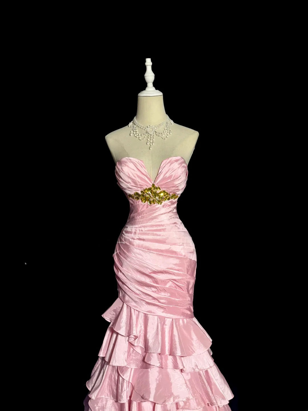 Sweetheart Beaded Pink Mermaid Prom Dress Layered Formal Party Dress