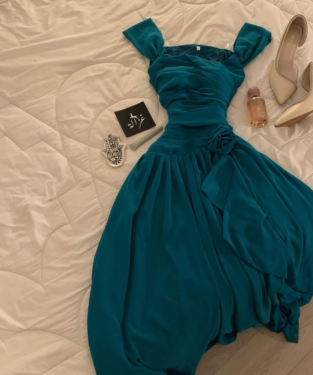 A Line Chiffon Teal Prom Dress Formal Wedding Guest Dress J9338