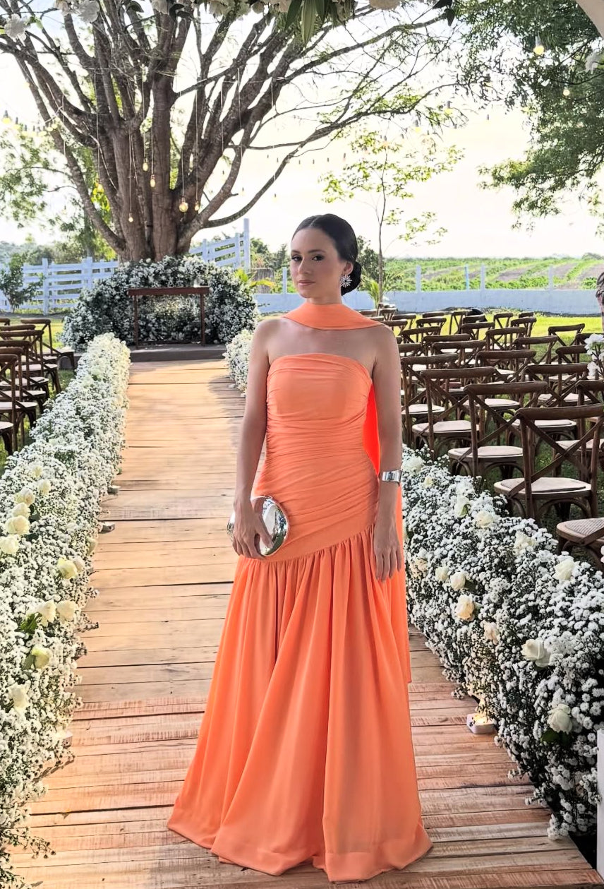 Strapless Orange Long Prom Dress Wedding Guest Dress J9350