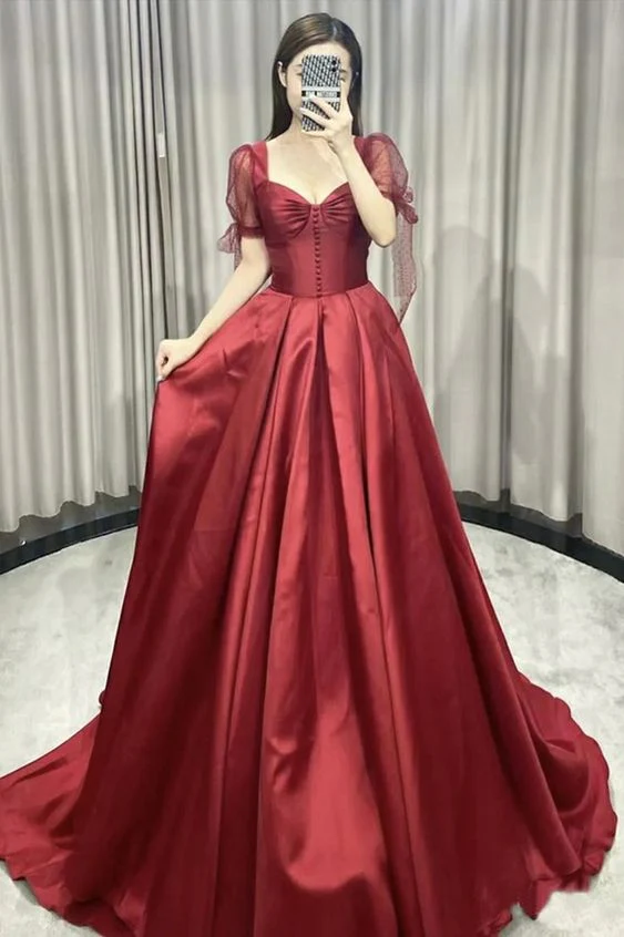A-Line Sweetheart Burgundy Satin Evening & Prom Dress
