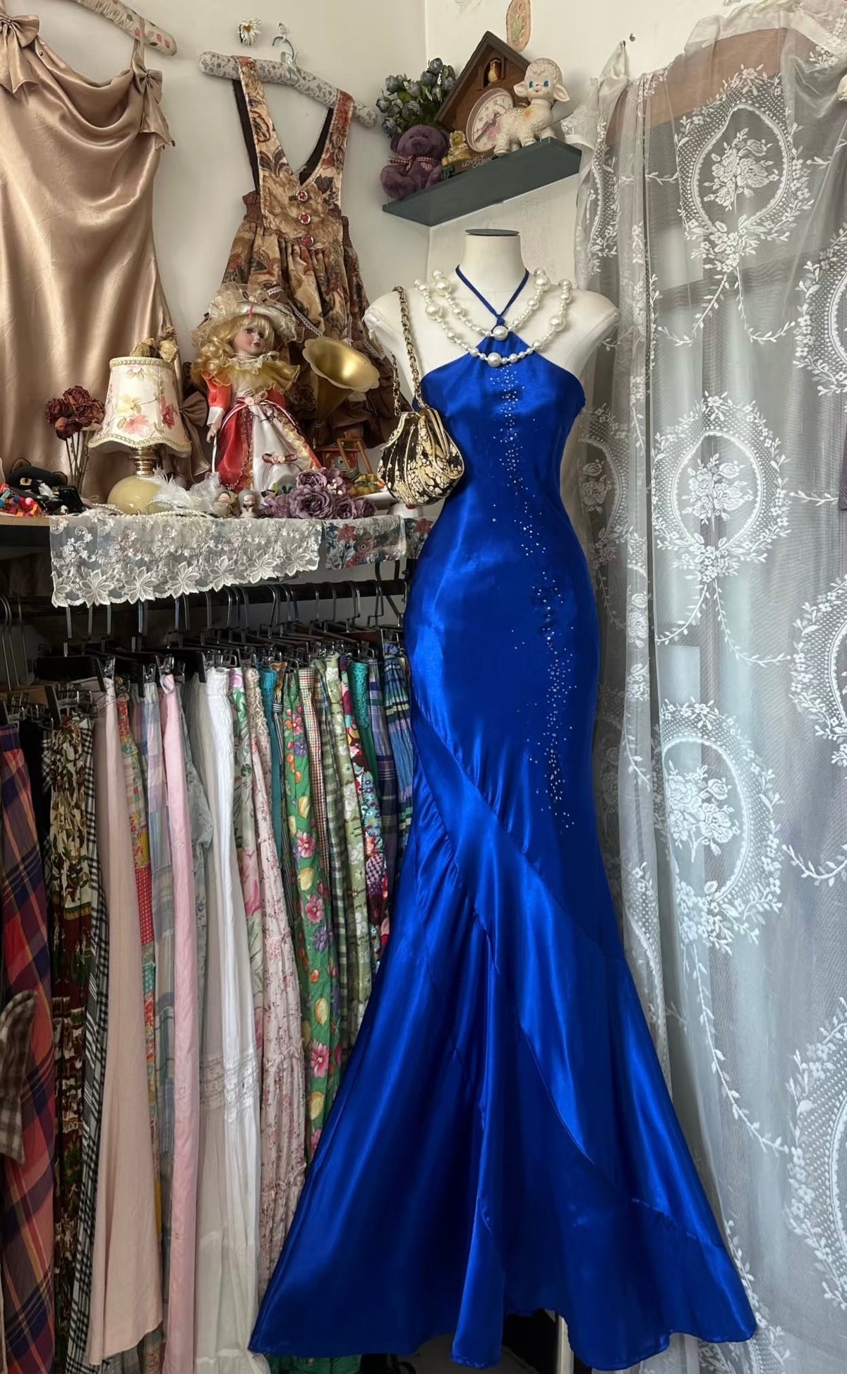 Royal Blue Halter Prom Dress Satin Evening Dress Formal Party Dress