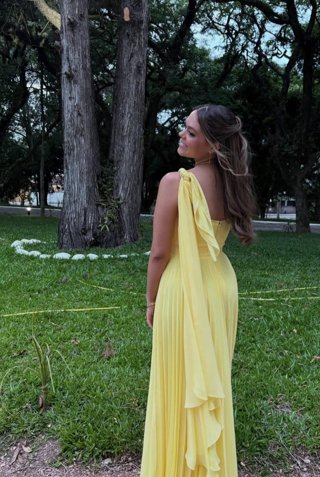 One Shoulder Chiffon A Line Yellow Prom Dress Formal Evening Dress J9356