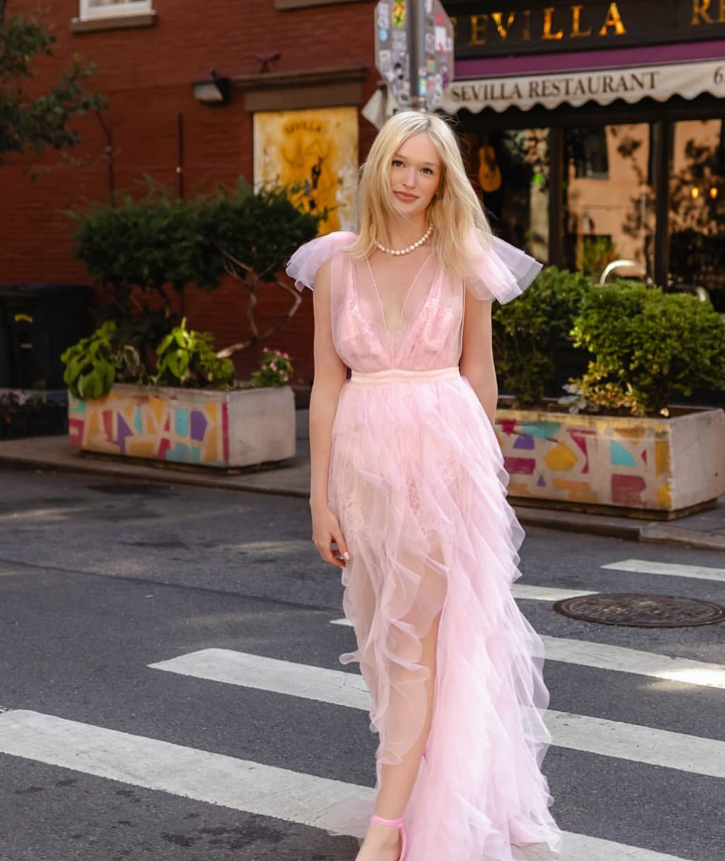 V-Neck Pink Ruffle A-Line Prom Dress Formal Evening Dress
