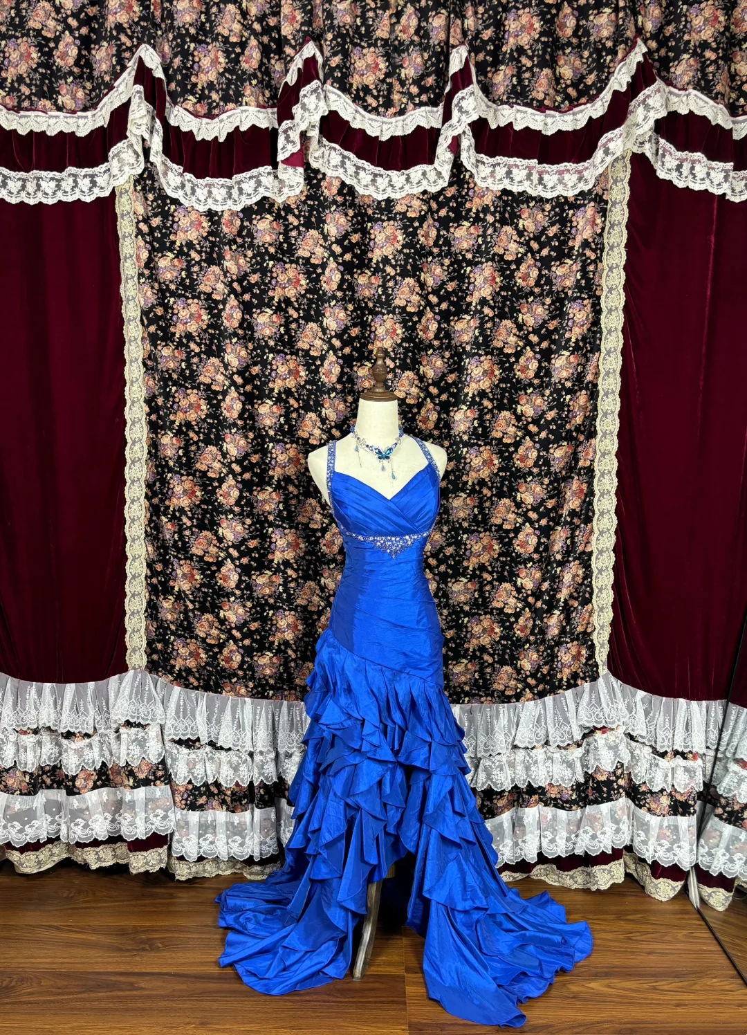 V-Neck Royal Blue Layered Prom Dress Satin Evening Dress
