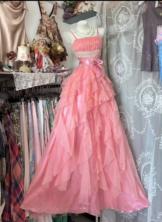 A-Line Pink Ruffle Prom Dress Formal Party Dress