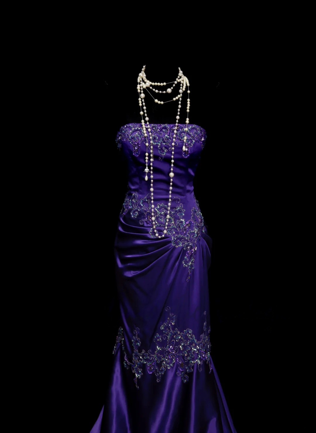 Strapless Purple Satin Prom Dress Applique Formal Party Dress